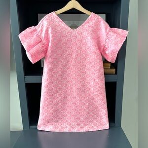 Janie and Jack Pink Brocade Jacquard Shift Lined Short Sleeve Ruffle Dress sz 7